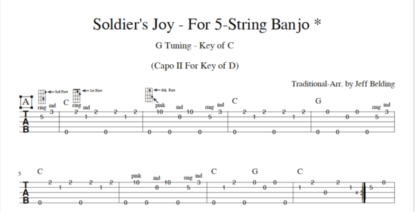 "Soldiers Joy" Tab in C for 5 String Banjo