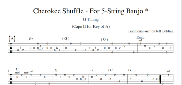 "Cherokee Shuffle" 5 string banjo tab