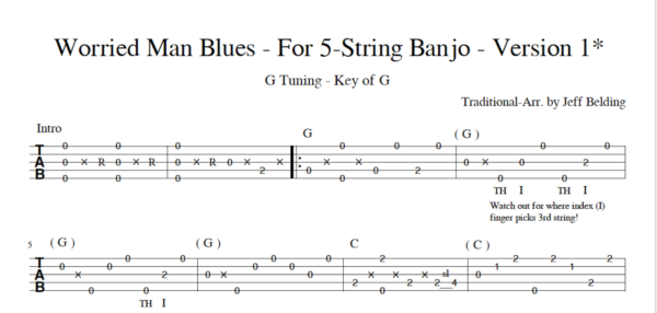 "Worried Man Blues" 5 String Banjo Tab